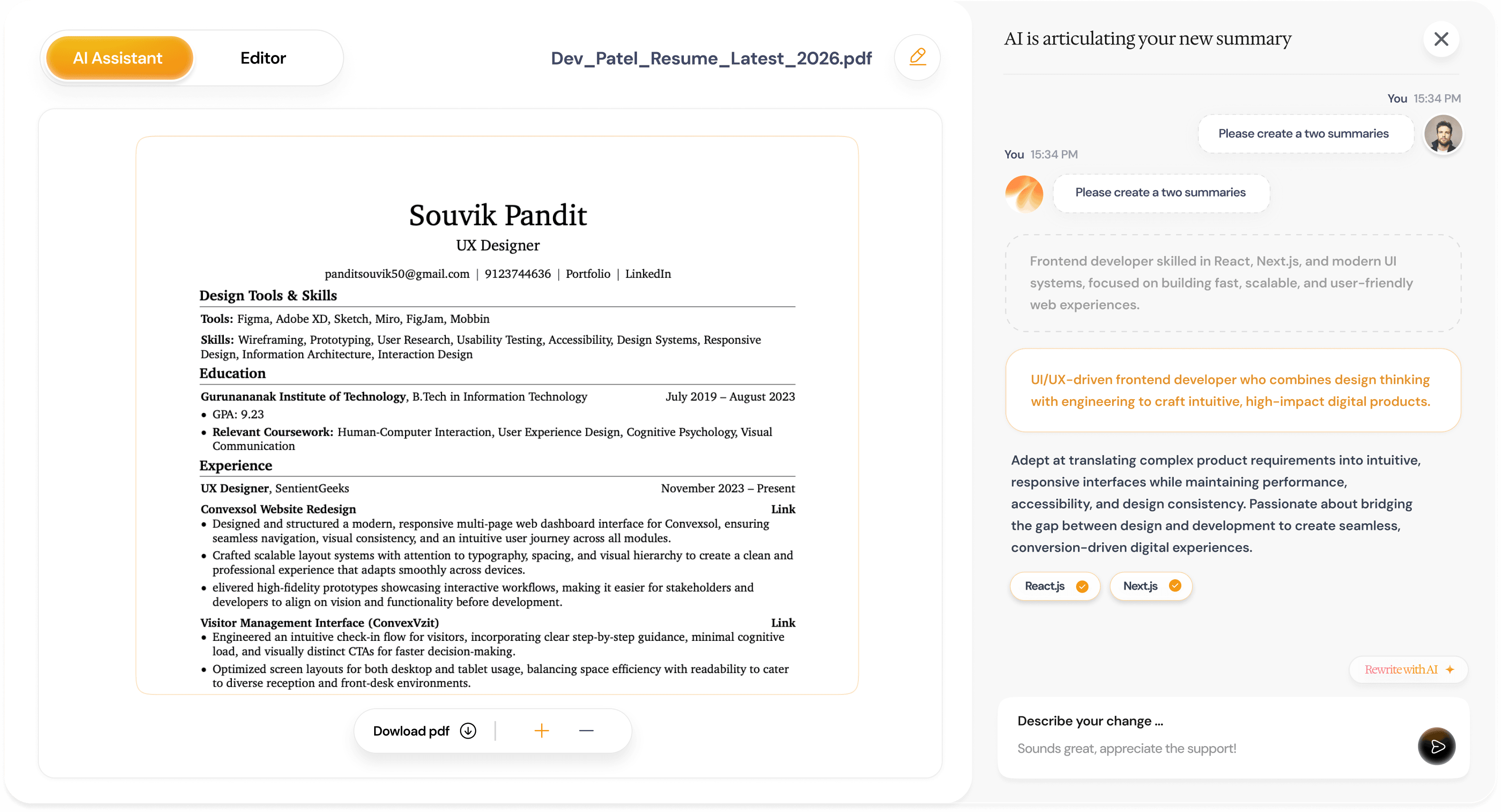 Resume tailoring editor with an AI assistant rewriting a summary