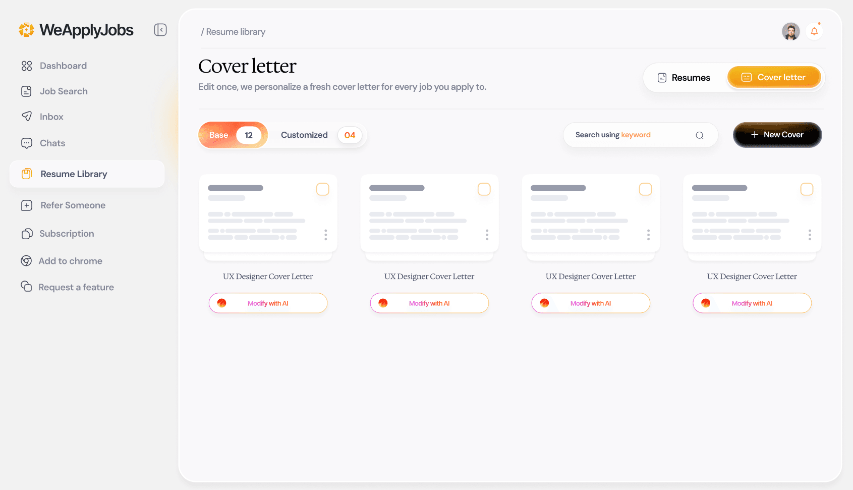 Cover letter library inside the WeApplyJobs dashboard