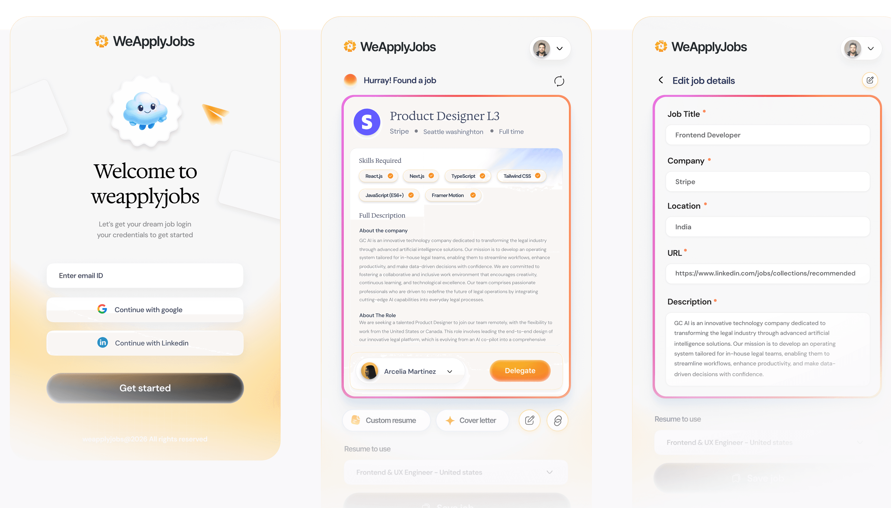 Chrome extension shown across three phone screens